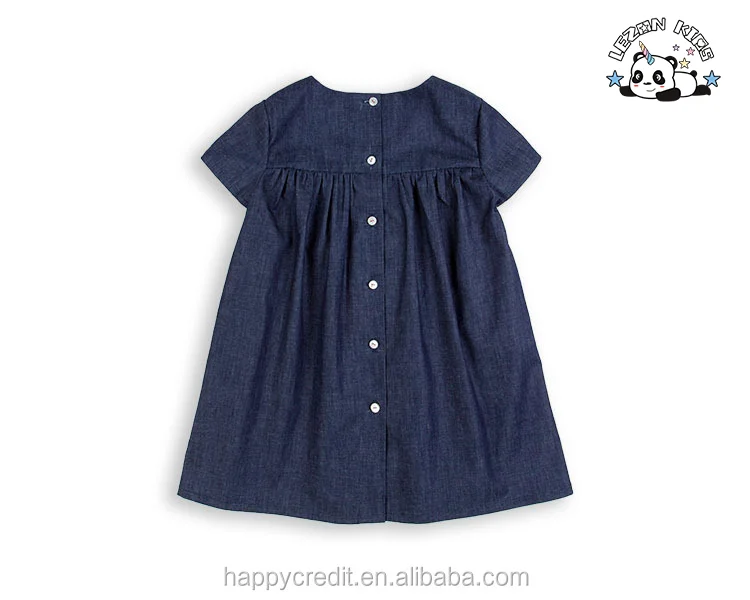 LEZONKIDS - Roupas infantis manga curta smocking uma peça vestido de jeans para meninas em azul